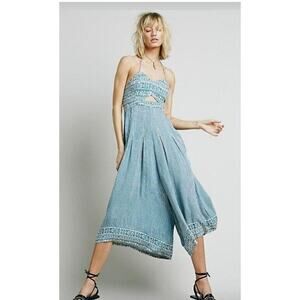 Free People Crystal Bay Wide Leg Open Tied Back Blue Halter Romper Size XS